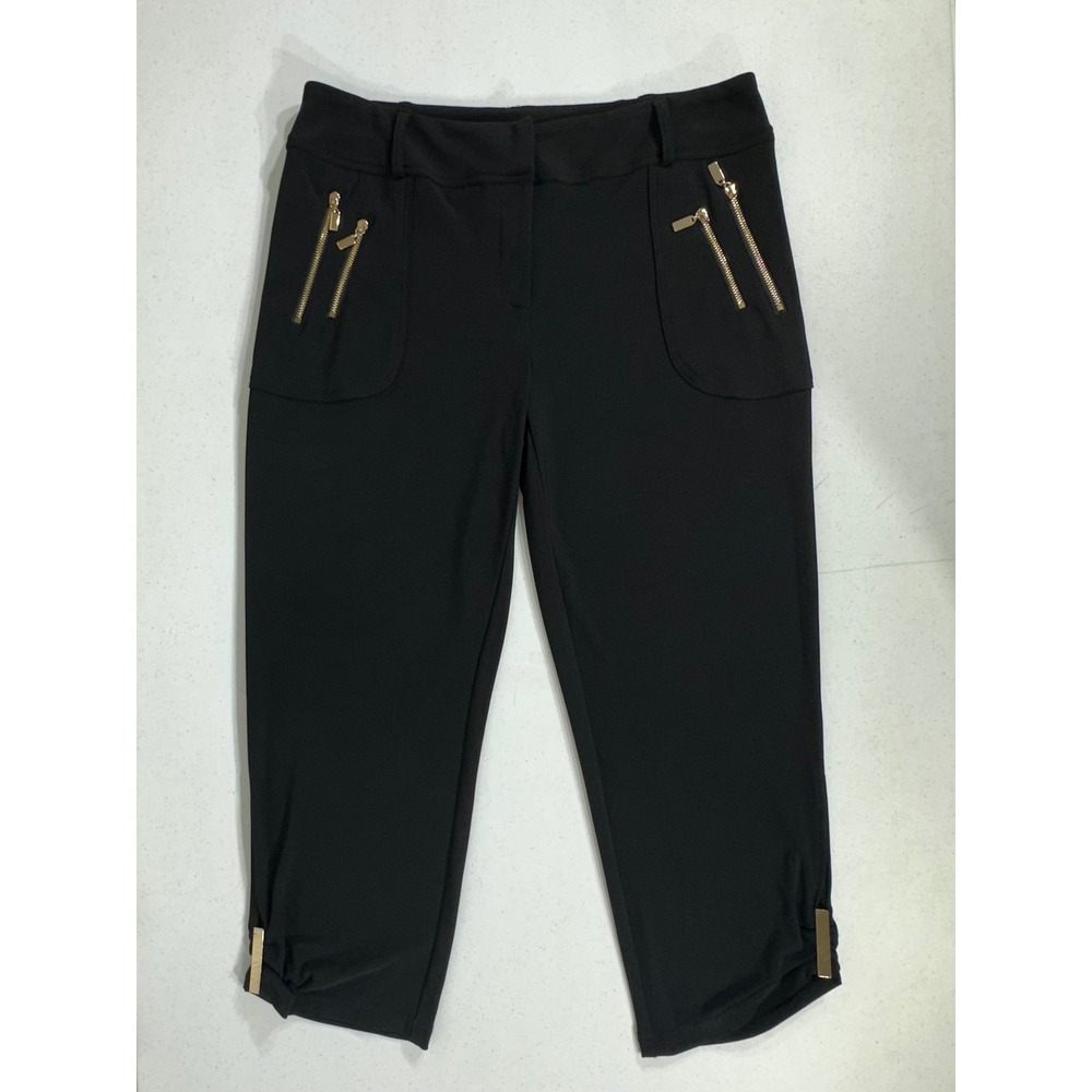 Frank Lyman Design Crop Pants 8 (30x23) Black Gold Zip Pocket Bar Hem READ